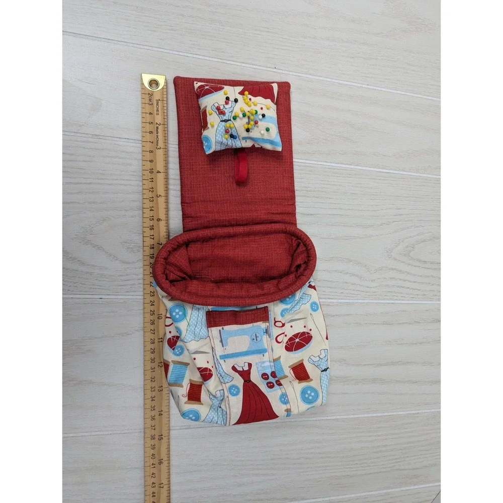Small Chair Sofa Armrest Sewing Bag Attached Pin Cushion Red Blue Clothing Print